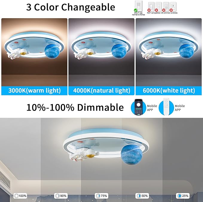 Astronaut Ceiling Light Fixture 20“ Dimmable Kids Flush Mount Ceiling Lights for Bedroom LED Chandelier 3000K-6000K with Remote Children Ceiling Lamp for Kitchen,Nursery Room - Bloomnest