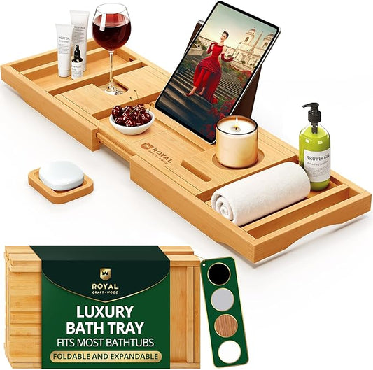 ROYAL CRAFT WOOD Bathtub Tray Caddy for Tub, Bamboo Bath Shelf, Premium Foldable Wood Bath Table, Expandable Bathtub & Bathroom Accessories, New Home Gifts for Mom, Housewarming, Anniversary, Wedding - Bloomnest