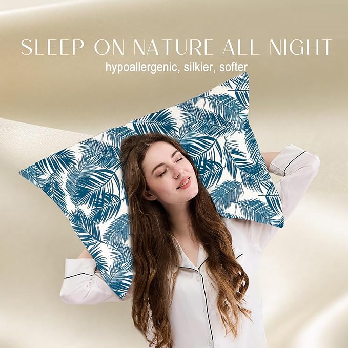 ZIMASILK 100% Pure Mulberry Silk Pillowcase for Hair and Skin Health,Both Sides 19 Momme Silk Floral Print,1pc(Queen 20''x30'',Blue Leaves) - Bloomnest