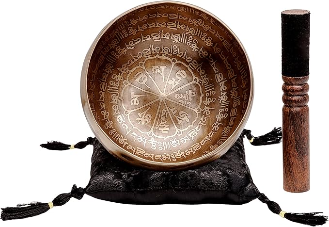 Ancient Design Large Etched Tibetan Singing Bowl Set by Ohm Store — Relaxing Deep Tone Meditation Sound Bowl and Wooden Mallet Handcrafted in Nepal — Purity Bowl (About 6 Inch) - Bloomnest
