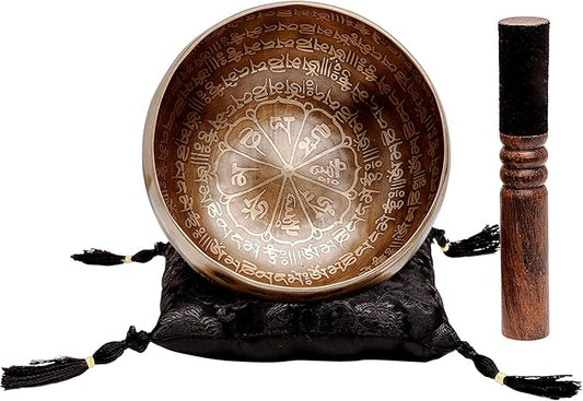 Ancient Design Large Etched Tibetan Singing Bowl Set by Ohm Store — Relaxing Deep Tone Meditation Sound Bowl and Wooden Mallet Handcrafted in Nepal — Purity Bowl (About 6 Inch) - Bloomnest