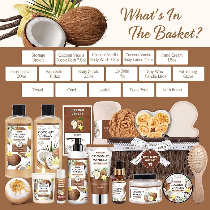 Christmas Gifts For Women - 16 PCS Birthday Gift Basket for Women Set of Coconut Vanilla Self Pampering Set, Includes Luxurious Home Spa Shower Gel Bubble Bath - Bloomnest
