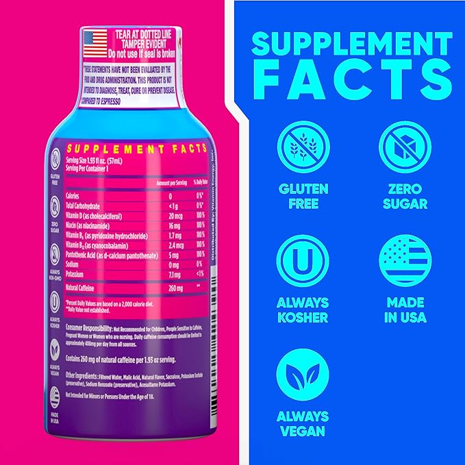 Vitamin Energy Vitamin D Extra Strength Energy Shot Mixed Berry 8 Pack, 260mg Natural Caffeine, B-Complex, Vitamin D, Wellness Support, Keto, Zero Sugar, Gluten-Free Vegan Kosher, 1.93 fl oz - Bloomnest