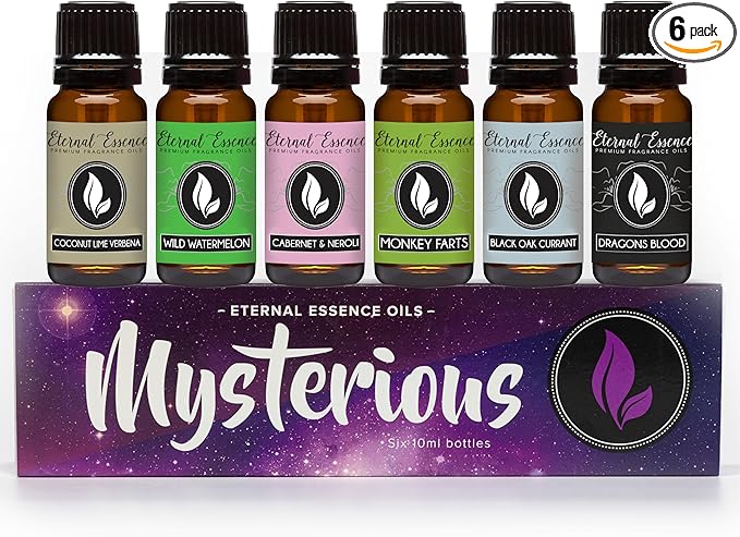 Eternal Essence Oils Mysterious Set of 6 Premium Fragrance Oils - Coconut Lime Verbena, Cabernet & Neroli, Dragons Blood, Wild Watermelon, Monkey Farts, and Black Oak Currant Scented Oils - 10ML - Bloomnest