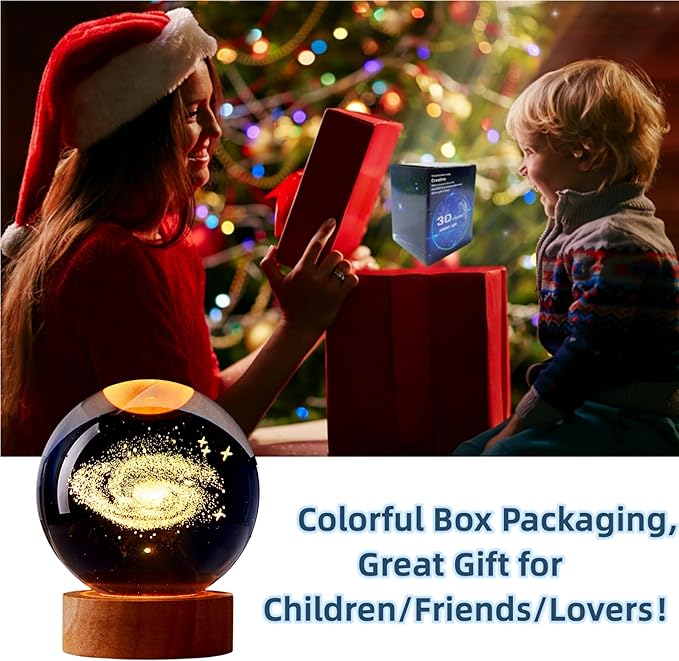 3.15 inch Galaxy Crystal Ball lamp,3D Solar System Crystal Ball Night Light with Wooden Base,16 Colors Change with Remote Control,Clear Glass Planet Light,Birthday Gift for Friends (Galaxy) - Bloomnest