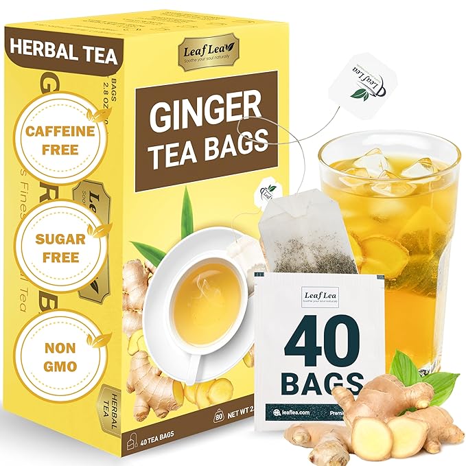 LeafLea 40 Ginger Tea Bags, 100% Pure & Natural from Dried Ginger Root Tea, Spicy & Comforting Herbal Tea Supports Digestion, Caffeine Free, Sugar Free, No Gluten, Non-GMO, Vegan - Bloomnest