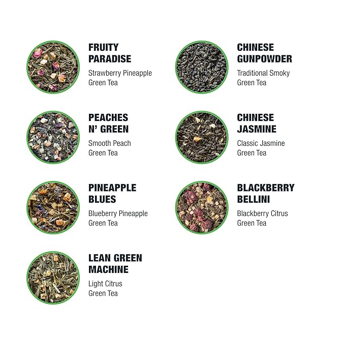 Tiesta Tea - 7 Green Teas Dry Flight Sampler, Loose Leaf, Medium Caffeine Hot & Iced Tea, Premium Green Tea Blends, 7 Resealable Sample Pouches - Bloomnest