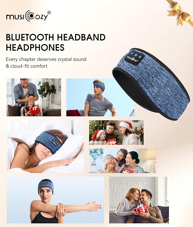MUSICOZY Sleep Headphones Bluetooth 5.4 Headband, Wireless Earphones Music Sleep Earbuds Sleeping Eye Mask with HD Stereo Speakers for Workout Running Travel Yoga, Ideal Gifts (Blue) - Bloomnest