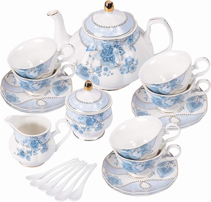 fanquare Blue Flowers Porcelain Tea Set, Tea Cup and Saucer Set Service for 6, Wedding Tea Set with Sugar Bowl Cream Pitcher, Floral Coffee Set for Tea Party - Bloomnest