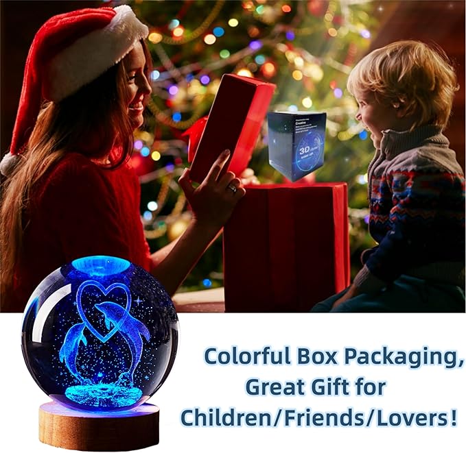 Dolphin Crystal Ball Lamp,3D 3.15 inch K9 Crystal Ball Night Light with Wooden Base Lamp for Room,Dolphin Light Gift,16 Colors Change with Remote Control (D) - Bloomnest