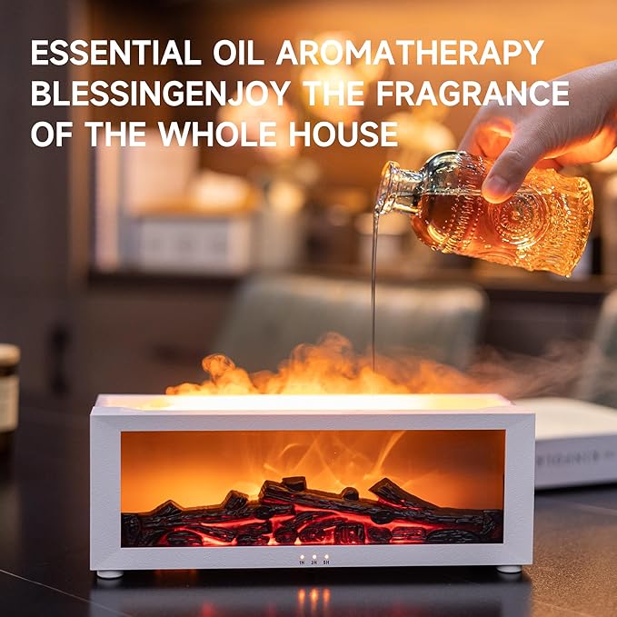 Fireplace Flame Air Diffuser Humidifier,7 Colors Aromatherapy Essential Oil Diffuser,Ultrasonic Aroma Humidifier with Timer for Home,Bedroom,Office,Yoga (White, L) - Bloomnest