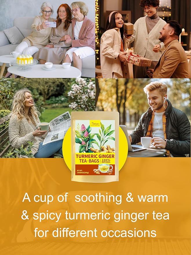 TeeLux Turmeric Ginger Tea Bags, Pure Natural Turmeric Ginger Herbal Tea, Spicy & Smooth Flavor, Caffeine Free, 100 Count - Bloomnest