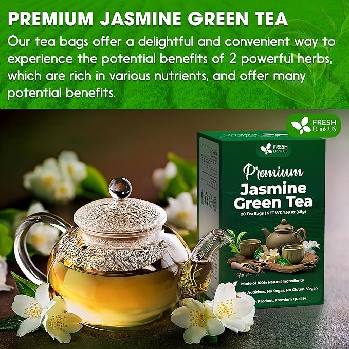 FreshDrinkUS, Premium 20 Tea Bags of Jasmine Green Tea, 100% Natural. Exquisite Flavor, Handpicked Leaves, Perfect for Tea Lovers. No Sugar, No Gluten, Vegan. - Bloomnest