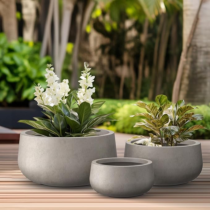 Kante 19.6",15.7",11.8" Dia Round Concrete Planters Set of 3, Outdoor Indoor Large Plant Pots with Drainage Hole, Modern Curvaceous Design, Weathered Concrete - Bloomnest