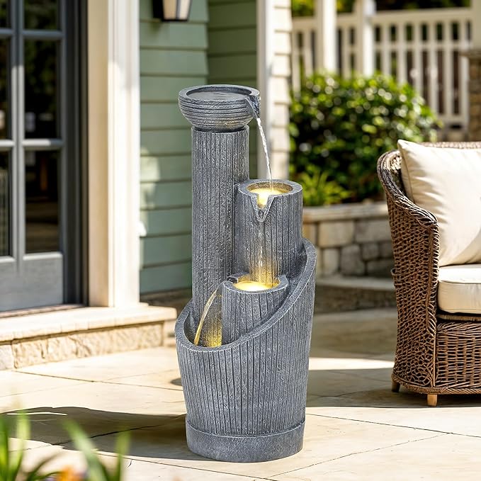 31" Modern Outdoor Water Fountain with LED Lights, 5-Tier Twist Pedestal Bowl Garden Fountain, Cascading Waterfall for Relaxing Garden, Patio, Backyard, Deck, Porch or Home Decor - Bloomnest