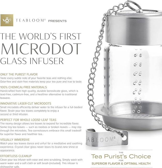 Teabloom Puresteep Glass Tea Infuser with Lid & Drip Tray – Non-Toxic Borosilicate Glass Loose Leaf Steeper with Stainless Steel Chain – Small or Large Size - Bloomnest