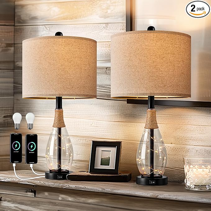 OYEARS 23" Farmhouse Table Lamps for Living Room – Set of 2 Boho Rattan Bedside Lamps with USB-C & USB-A Ports, Glass Nightlight, Dual Light Sources, Black - Bloomnest