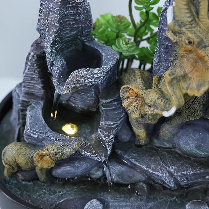 Elephant Tabletop Fountain with Cascading Rocks & LED Lights, Zen Indoor Water Feature for Living Room/Office/Bedroom, Multi-Room Home Decor and Elephant Lover Gift (10.8" H)