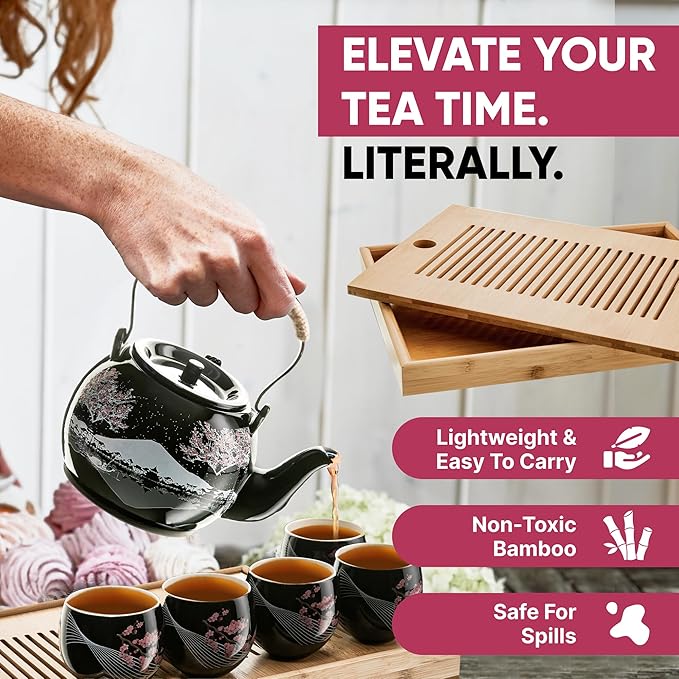 Traditional Japanese Tea Set - Ceramic Tea Set with Teapot, 6 Tea Cups, 1 Bamboo Tea Tray & Storage Gift Bag for Travel, Home or Outdoor, Tea Sets for Adults with Teapot and Tray, Men or Women | 茶具 - Bloomnest