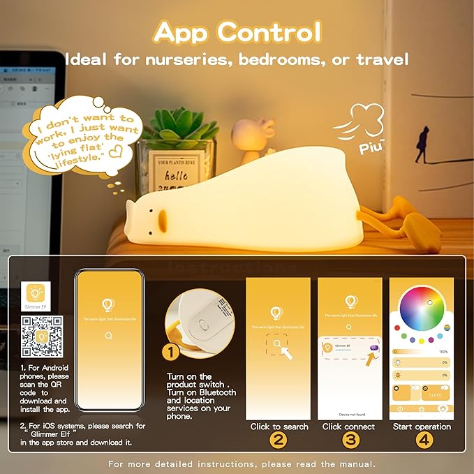 Cute Duck Night Light with Color Changing, APP/Tap Control Fun Lying Flat Ducky Lamp with Blind Box Gift,Soft Silicone Nursery Nightlight,Dimmable/Timing Bedside Touch Lamp,Baby Adults Kids Room Decor - Bloomnest