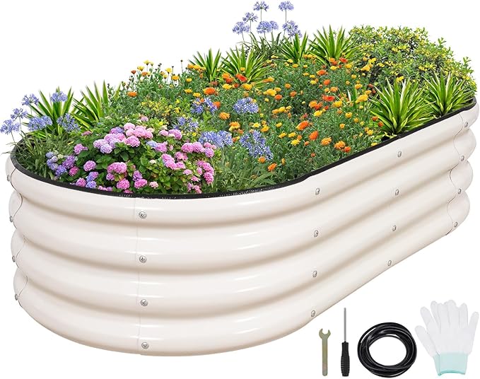 1MORE Galvanized Raised Garden Bed- Planter Garden Boxes Outdoor, Raised Beds for Gardening, 4x2x1ft Metal Garden Bed Kit for Vegetables Flower, Planter Raised Beds with Protective Tape & Tools.White - Bloomnest