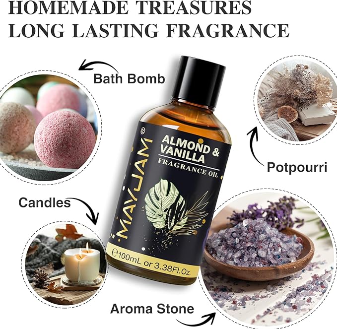 Almond & Vanilla Fragrance Oil Essential Oil, MAYJAM 3.38FL.OZ Almond & Vanilla Oil for Diffusers for Home, Long Lasting Scented Oils for Soap Candle Making - 100ML - Bloomnest