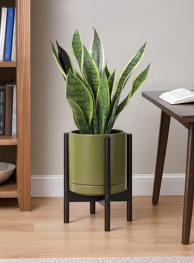 D'vine Dev Ceramic Planter with Ebony Stand - 10 Inch Modern Round Flower Pot with Wood Planter Holder, Olive, 55-B-L-J - Bloomnest
