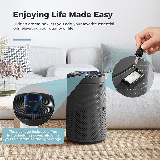 AROEVE Air Purifier for Large Rooms up to 1,782 Sq. Ft. with Star Projector, Smart WiFi, Air Quality Sensor, UV Function, and Washable Filter for Whole Home Use for a Cozy Holiday, MK09W Black - Bloomnest