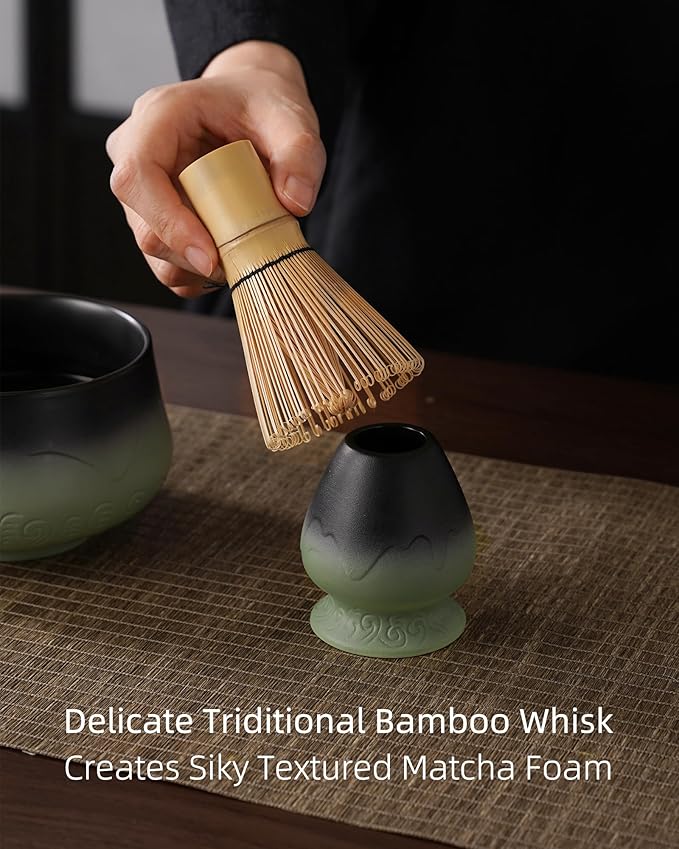 ZENS Matcha Whisk Set, 7pcs Matcha Kit Set with Ceramic Bowl and Matcha Cup, Bamboo Whisk & (Chasen Holder) Sifter, Scoop -Tea Towel, Japanese Chawan for Matcha-Making, Sage Green - Bloomnest