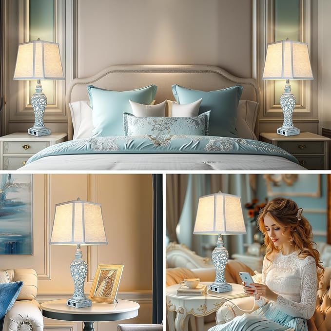 Table Lamp Bedside Lamps Set of 2, 28.5'' Luxsight Farmhouse Table Lamps for Bedroom, Lamps for Nightstands with Night Lights, with USB C+A Ports, Rustic Lamp for Living Room, Bulb Included - Bloomnest
