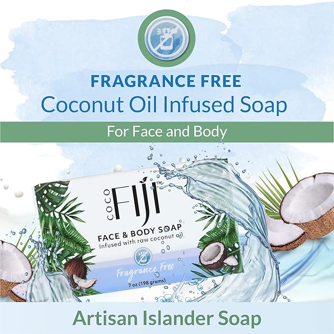 Coco Fiji Soap Bar for Face and Body Infused With Organic Coconut Oil, Fragrance Free, Essential Oil, Natural Soap for Moisturizing & Pore Purifying Skin, 7 oz,Pack of 2