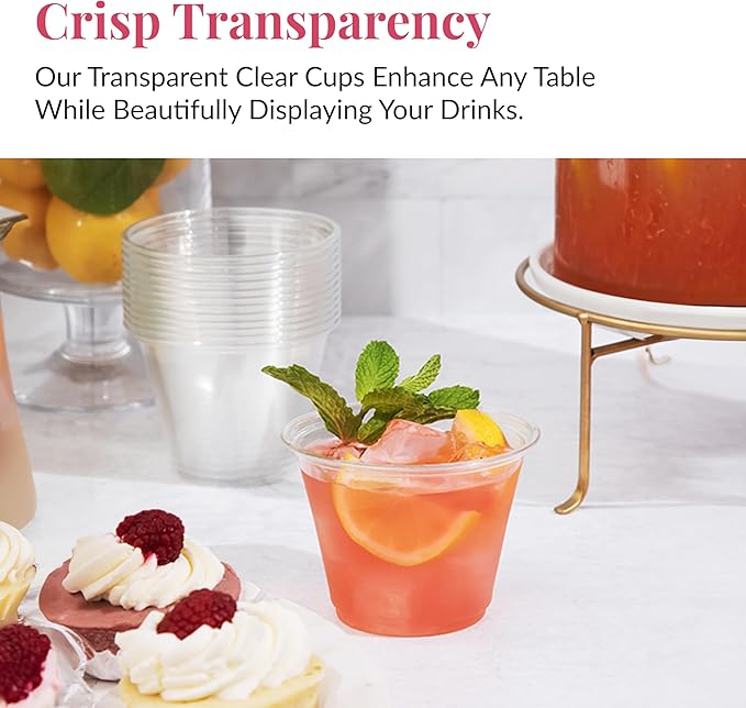 Prestee Clear Plastic Cups – 9oz Disposable PET Water, Wine, and Drink Glasses – Crystal Clear, Durable, Recyclable Party Cups – 100 Count for Holiday, Events, Coffee Shops, Restaurants - Bloomnest