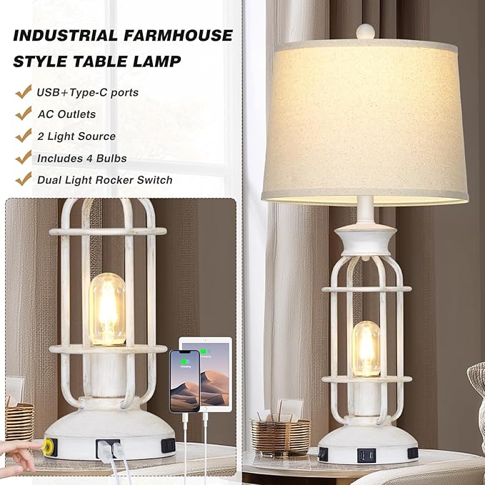 28" Vintage Table Lamps with USB C+A Ports & Outlet, Industrial Farmhouse Table Lamp for Living Room, Rustic Mid Century Modern Bedside Lamps with Nightlight & Beige Fabric Lampshade, Oil-Rubbed White - Bloomnest