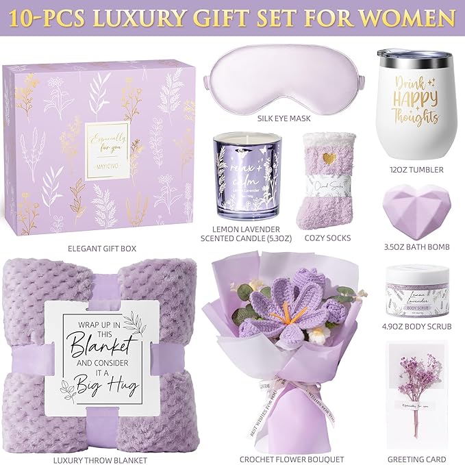 Valentine's Day Birthday Gifts for Women Self Care Package Get Well Soon Gift Baskets, Thinking of You Sympathy Spa Gift Set w/ Crochet Flower Bouquet, Unique Gifts for Women Her Wife Girlfriend Mom