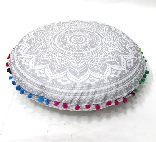 CRAFT KALA 32" Round Large Round Bohemian Floor Pillow Pouf Cover Mandala Meditation Room Pillow Cover for Adults Boho Seating Poufs Cushion Cover for Kids Playroom Silver Matellic Ombre - Bloomnest
