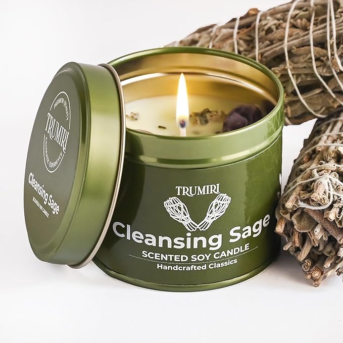 Sage Candle for Cleansing House Negative Energy Smudge Kit - 5oz Soy Wax Natural Clean Organic Non Toxic - Aromatherapy Spiritual Meditation Gifts - Long Lasting Highly Scented Candel with Crystals TRUMIRI