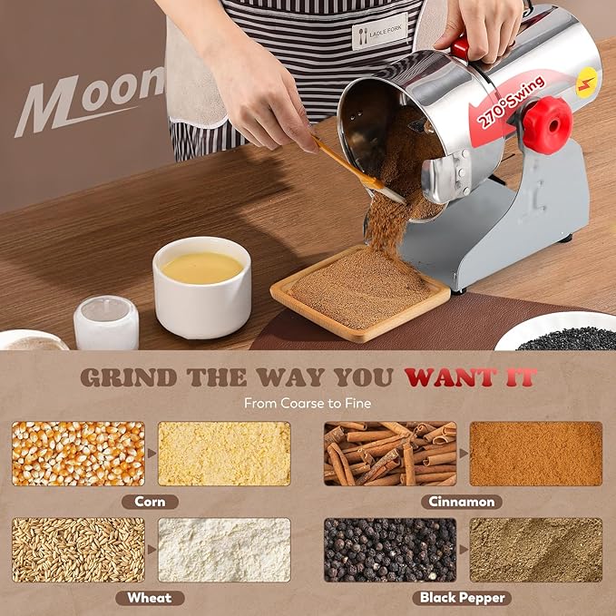 Moongiantgo Upgraded Spiral Seal Grain Mill Grinder Electric 800g 2500W High Speed Spice Grinder Pulverizer Dry Grinding Machine for Dry Cereal Bean Corn Wheat Herbs, with 4 Set Blades (800g, 110V) - Bloomnest