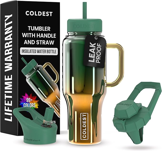 Coldest Tumbler with Handle and Straw - 100% Spill Proof Tumbler with Straw (3 Lids) - Stainless Steel Insulated Leakproof Tumblers for Women & Men - Cup Holder Friendly - 36 oz (Atlantean Nova) - Bloomnest