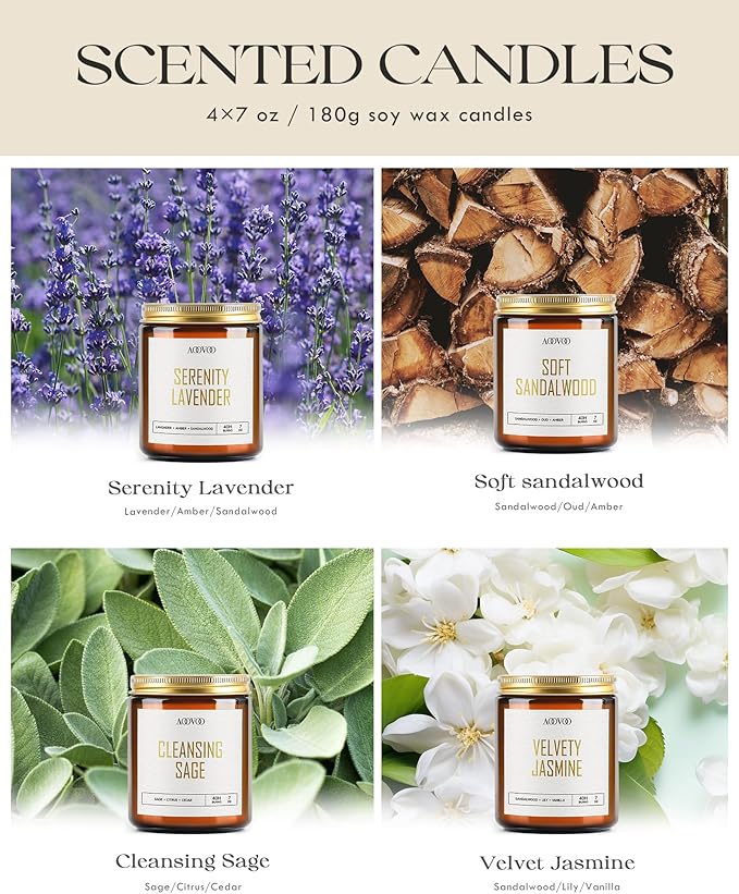 AOOVOO Candle Set - 4PC Scented Candles, 28 oz Soy Candles, Soy Candle for Home Scented, Lavender/Sandalwood/Jasmine/Sage - Bloomnest