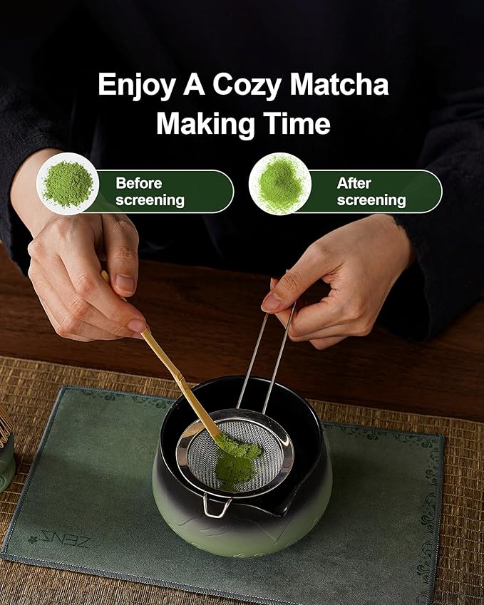 ZENS Matcha Whisk Set, 7pcs Matcha Kit Set with Ceramic Bowl and Matcha Cup, Bamboo Whisk & (Chasen Holder) Sifter, Scoop -Tea Towel, Japanese Chawan for Matcha-Making, Sage Green - Bloomnest