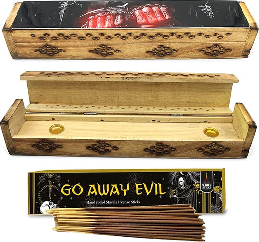 SOUL STICKS Handmade Carved Incense Burner Wooden Coffin Box with Storage Includes Go Away Evil Incense Sticks (Game Over) - Bloomnest