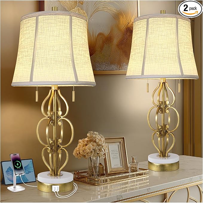 Scenekoy 27.75” Iron Art Table Lamp Set of 2 for Bedroom Living Room, Gold Leaf Night Stand Bedside Lamps with USB Ports, Pull Chains Modern Nightstand Lamp Line Shade for Home Decor (Bulbs Included) - Bloomnest