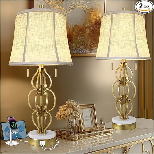 Scenekoy 27.75” Iron Art Table Lamp Set of 2 for Bedroom Living Room, Gold Leaf Night Stand Bedside Lamps with USB Ports, Pull Chains Modern Nightstand Lamp Line Shade for Home Decor (Bulbs Included) - Bloomnest