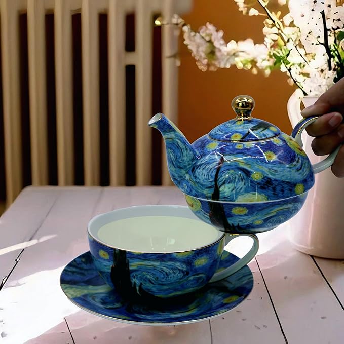 Porcelain 13 OZ Tea for One Teapot and Cup Set Vintage Floral Ceramic Tea Set European Style Tea pot and Saucer Set (Starry Sky) - Bloomnest