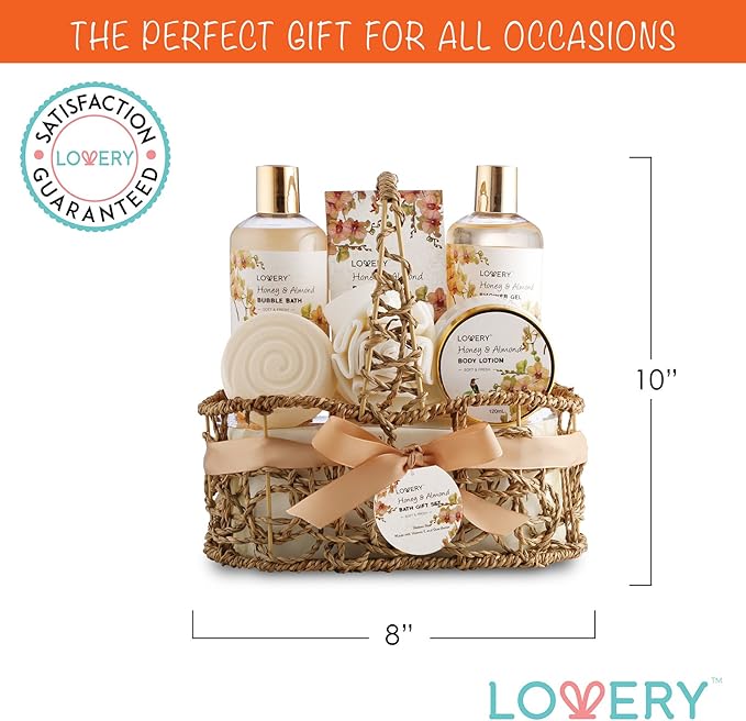 Womens Gifts, Gift Baskets for Women Who Have Everything, Home Spa Honey & Almond Scent, Luxury Bath & Body Set - Shower Gel, Bubble Bath, Body Lotion, Salts, Bath Bomb, Bath Puff & Handmade Basket - Bloomnest