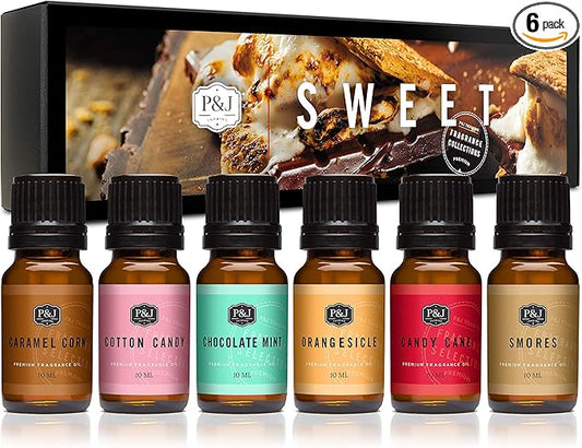 P&J Fragrance Oil Sweet Set | Chocolate Mint, Cotton Candy, Candy Cane, Caramel Corn, Orangesicle, and Smores Candle Scents for Candle Making, Freshie, Soap Making Supplies, Diffuser Oil Scents - Bloomnest