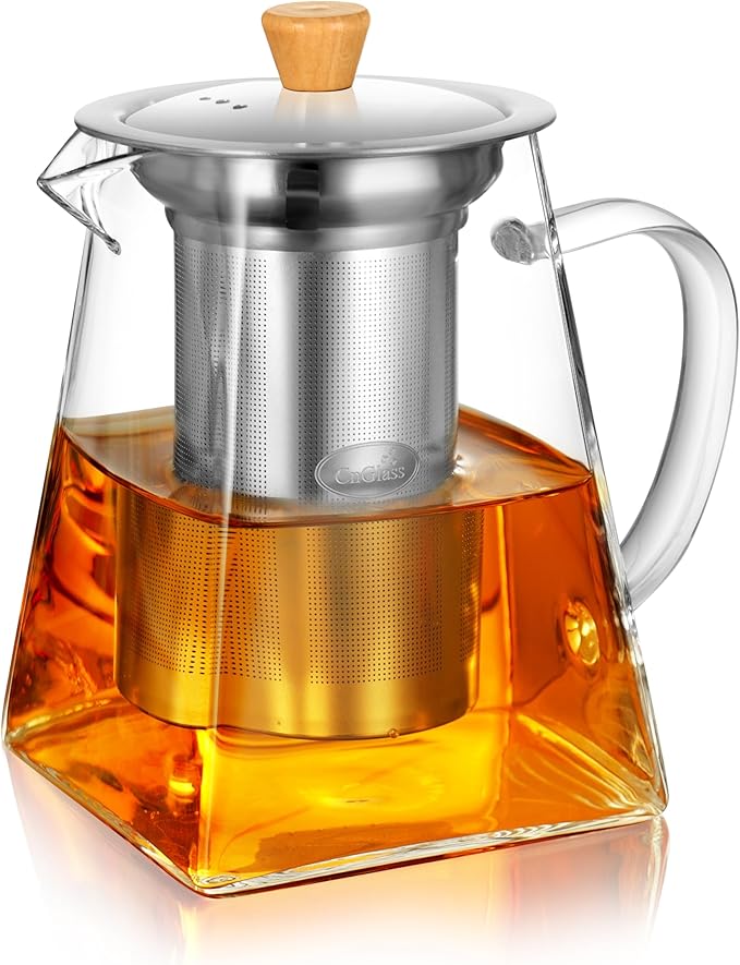 CNGLASS Glass Teapot with Infuser,24oz Clear Glass Tea Kettle with Removable Stainless Steel Strainer,Stovetop Safe Glass Teapot for Blooming and Loose Leaf Tea… - Bloomnest