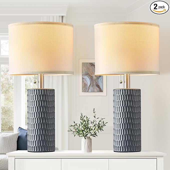 Table Lamps for Living Room Set of 2, Ceramic Table Lamps for Bedroom, 20" Modern Lamps for Night Stands, Grey - Bloomnest