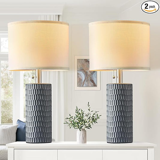 Table Lamps for Living Room Set of 2, Ceramic Table Lamps for Bedroom, 20" Modern Lamps for Night Stands, Grey - Bloomnest