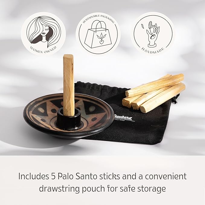 Palo Santo Holder with 5 Sticks - Luna Sundara Handmade Ceramic Incense Burner - Apricot Chulucanas Pottery from Peru - Smudge Bowl for Sage - Aromatherapy Gift Set LunaSundara